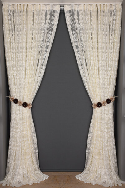 AKÇA TEKSTİL ستارة خلفية مطوية بلون كريمي من سارماشيك، ذات طبقة واحدة، مقاس 3...