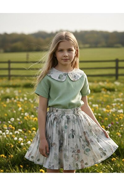 Hilal Akıncı Kids Costum din țesătură de in cu modele florale cu fustă plisată