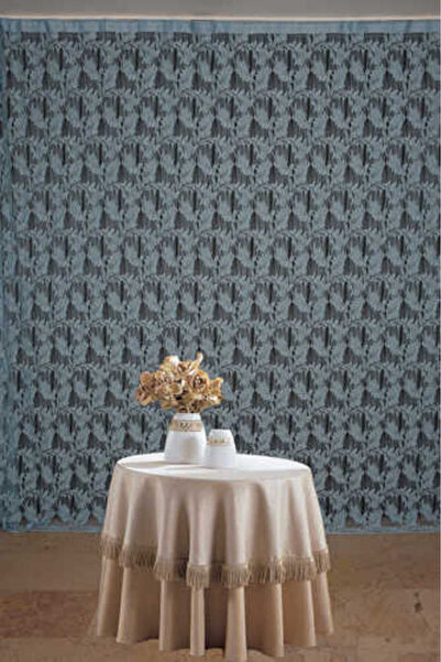 AKÇA TEKSTİL YAPRAK MODEL MAVİ RENK İP PERDE HAZIR DÜĞMELERİ DİKİLMİŞ İP PERD...