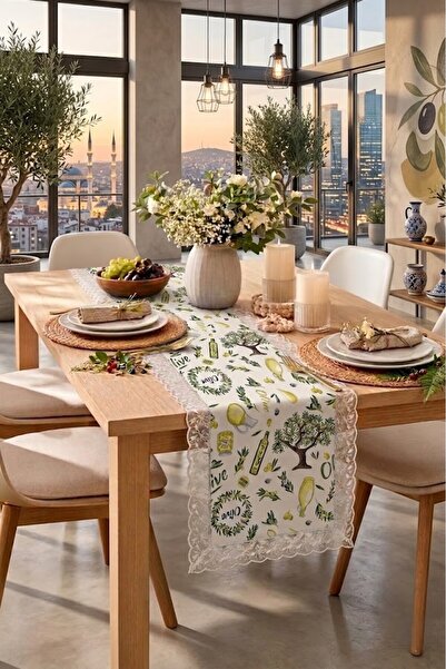 Rona Home Διακοσμητικό ρολό τραπεζιού με μοτίβο με κλαδιά ελιάς με δαντέλα στ...