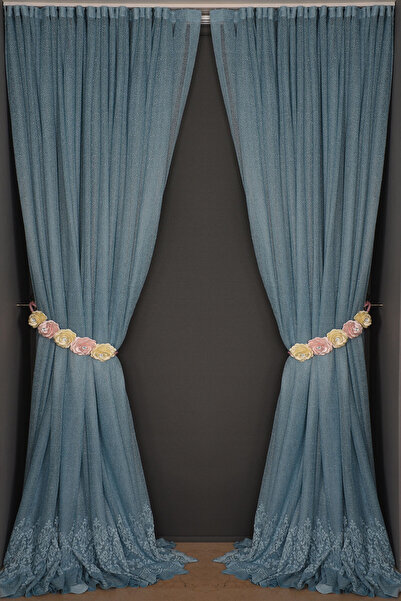 AKÇA TEKSTİL GENİŞ ETEK MODEL MAVİ RENK TEK KANAT Hazır Pileli Fon Perde 300*260