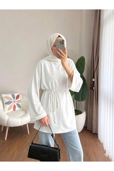 RFK Butik Kadın Dikiş Detaylı Oy.sho Kumaş Yırtmaçlı Tunik - Ekru Beyaz