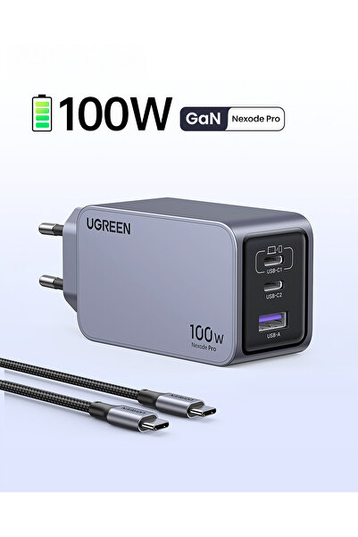 Ugreen Nexode Pro 100W GaN Hızlı Şarj Cihazı USB-C QC PD 2xUSB-C, 1xUSB-A, Uz...