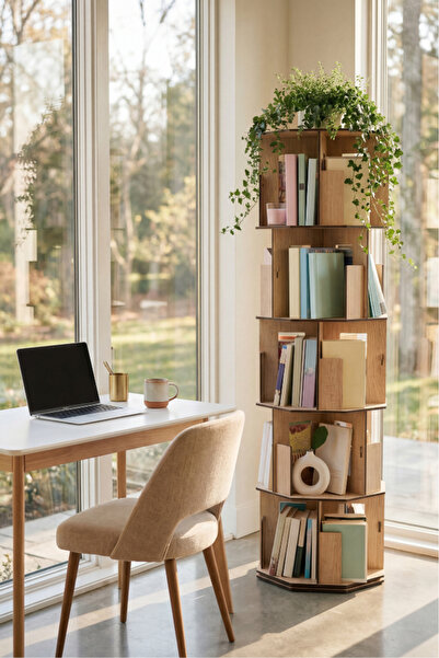 Vigo Wood 5 Katlı Döner Kitaplık | 360° Dönebilen, 100 Kitap Kapasiteli, Meşe...