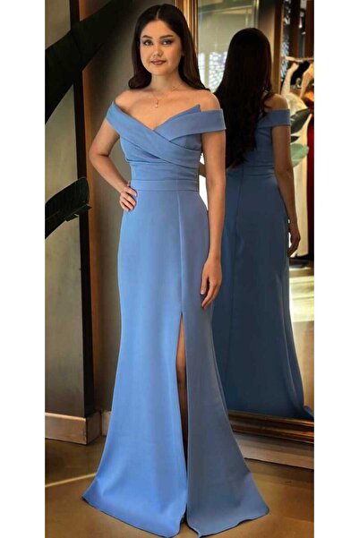 Abiyeniall İndigo Yırtmaçlı Balık Etekli Krep Uzun Abiye Elbise 7507