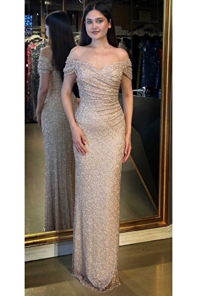 Abiyeniall Bej Madonna Yaka Düz Kesim Pullu Boncuklu Uzun Abiye Elbise 11023