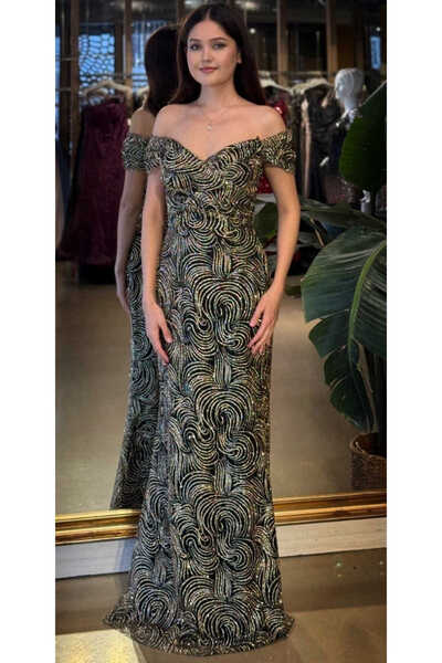 Abiyeniall Siyah&Gold Madonna Yaka Sırt Dekolteli Düz Kesim Simli Uzun Abiye ...