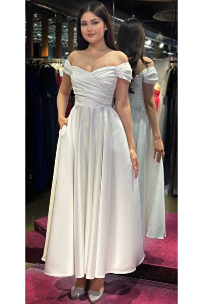 Abiyeniall Beyaz Madonna Yaka Kloş Etekli Saten Midi Abiye Elbise 7672