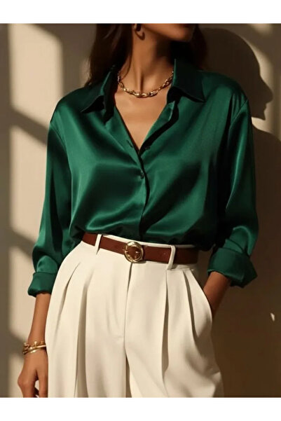 Clothes Fast Cămașă din satin pentru femei, cu mânecă lungă, clasică, elegant...