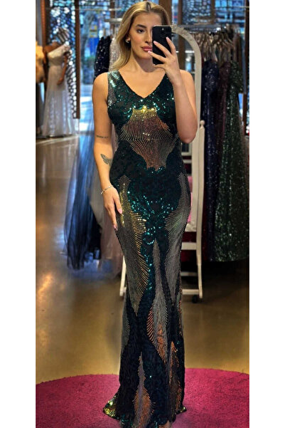 Abiyeniall Yeşil Kalın Askı Düz Kesim Desenli Uzun Abiye Elbise 7623