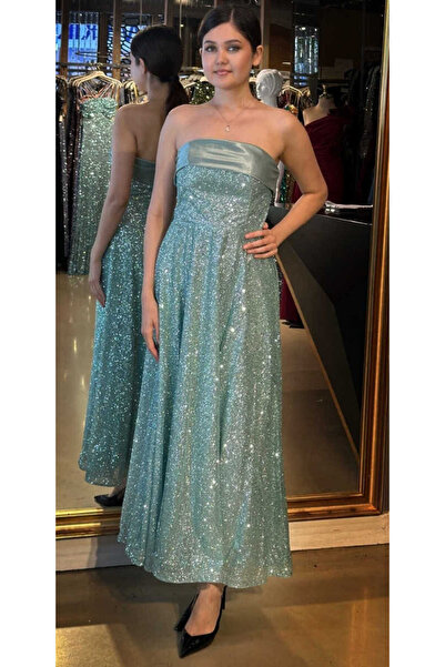 Abiyeniall Mint Straplez Yaka Kloş Etekli Simli Midi Abiye Elbise 7776