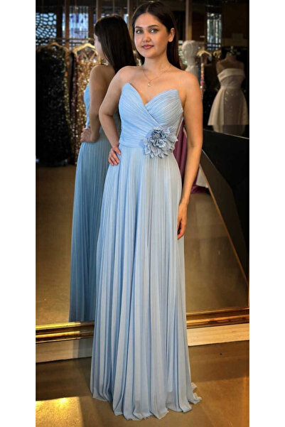 Abiyeniall Straplez Saks Mavi Elbise