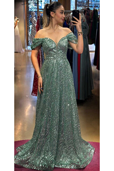 Abiyeniall Mint Boncuk İşlemeli Madonna Yaka Kloş Etekli Simli Uzun Abiye Elb...