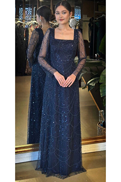 Abiyeniall Lacivert Kare Yaka Uzun Kollu Kloş Etekli Pullu Boncuklu Uzun Abiy...