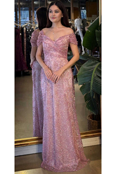 Abiyeniall Rose Madonna Yaka Sırt Dekolteli Düz Kesim Simli Uzun Abiye Elbise...