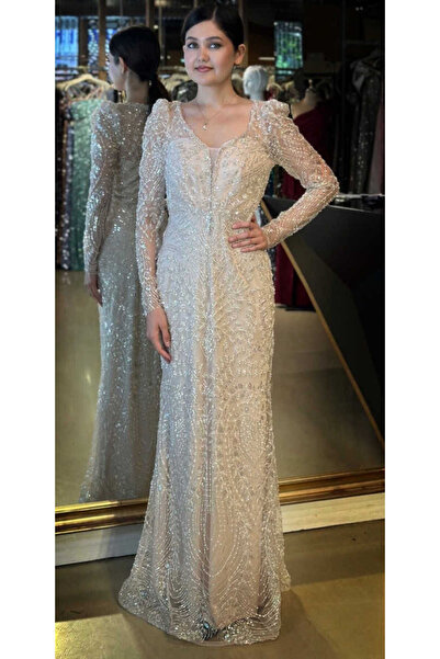 Abiyeniall Bej Uzun Kollu V Yaka Düz Kesim Pullu Boncuklu Uzun Abiye Elbise 1...