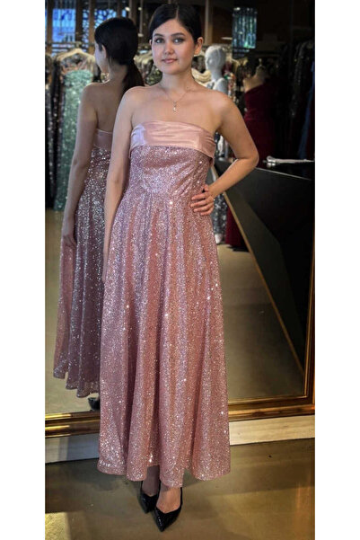 Abiyeniall Rose Straplez Yaka Kloş Etekli Simli Midi Abiye Elbise 7776