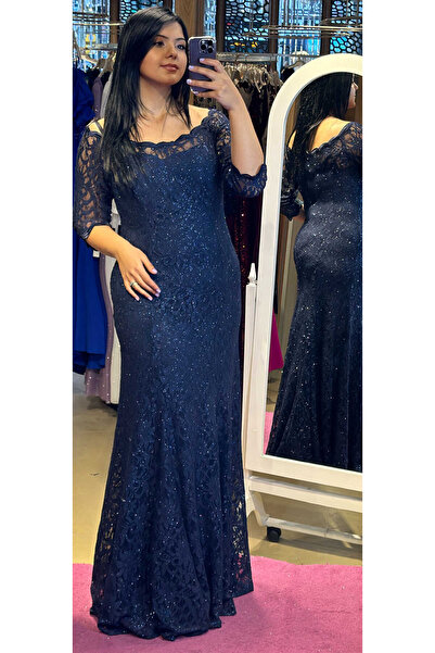 Abiyeniall Lacivert Kısa Kollu Dantel Detaylı Düz Kesim Simli Kumaş Uzun Abiy...