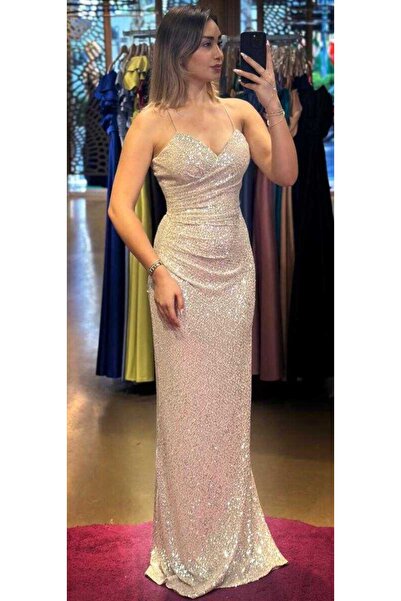 Abiyeniall Bej İp Askılı  Sırt Dekolteli  Düz Kesim Payet Uzun Abiye Elbise 7265