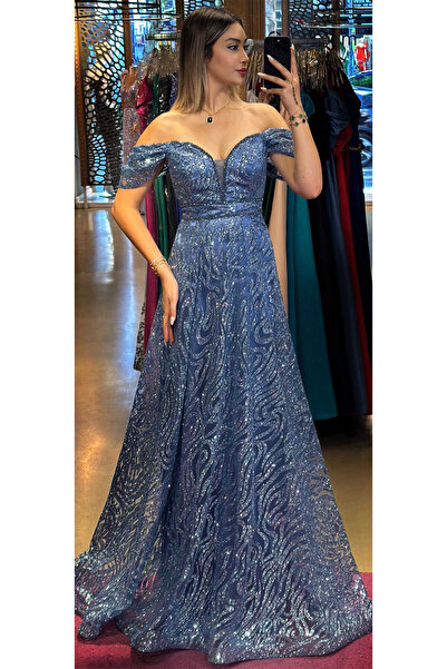 Abiyeniall İndigo Boncuk İşlemeli Madonna Yaka Kloş Etekli Simli Uzun Abiye E...