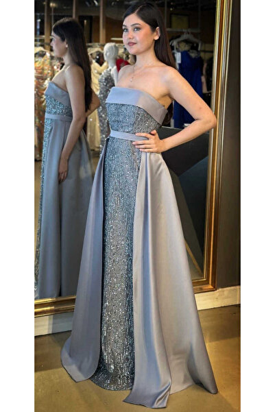 Abiyeniall Gri Straplez Yaka Çıkarılabilir Kuyruklu Düz Kesim Simli Uzun Abiy...