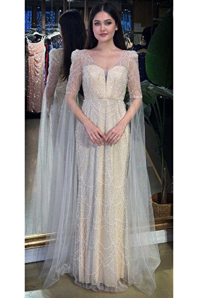 Abiyeniall Ekru V Yaka Kısa Kollu Pelerin Düz Kesim Pullu Boncuklu Uzun Abiye...