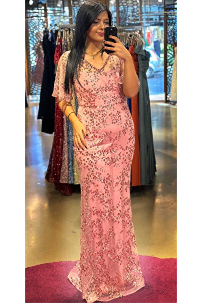 Abiyeniall Rose  Kısa Kollu  Düz Kesim Simli Uzun Abiye Elbise 6779