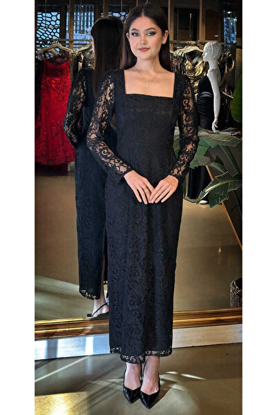 Abiyeniall Siyah Kare Yaka Uzun Kollu Yırtmaçlı Düz Kesim Dantel Midi Abiye E...