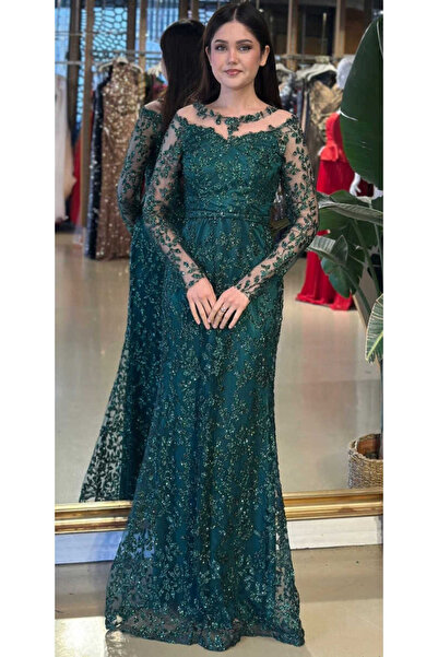 Abiyeniall Koyu Yeşil Yuvarlak Yaka Uzun Kollu Düz Kesim Simli Uzun Abiye Elb...