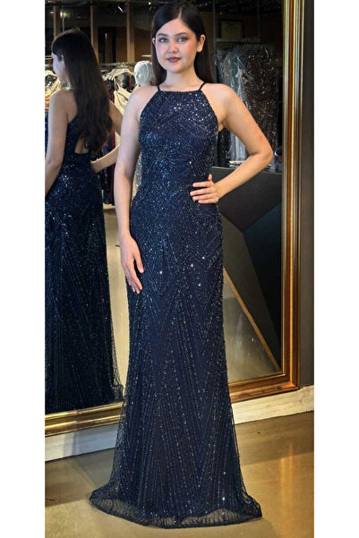 Abiyeniall Lacivert Stefanel Yaka Sırt Dekolteli Düz Kesim Pullu Boncuklu Uzu...