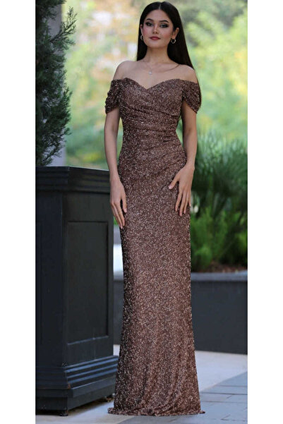 Abiyeniall Bakır Madonna Yaka Düz Kesim Pullu Boncuklu Uzun Abiye Elbise 11023