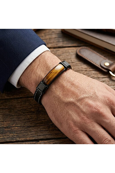 PİGADO 316L Stainless Steel Natural Stone Leather Men's Bracelet