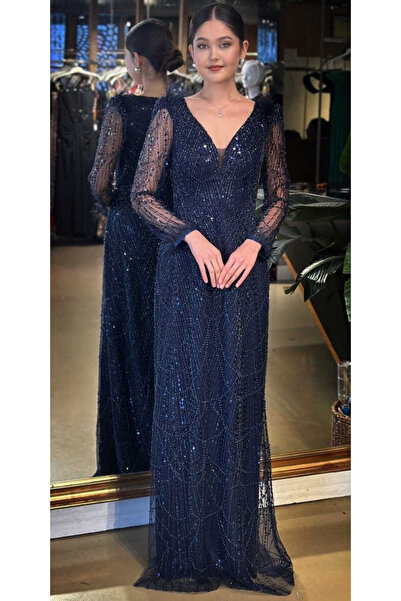 Abiyeniall Lacivert V Yaka Uzun Kollu Tuy Detaylı Düz Kesim Pullu Boncuklu Uz...