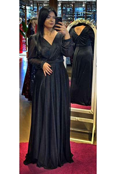 Abiyeniall Siyah Uzun Kollu Kloş Etekli Simli Uzun Abiye Elbise 7219