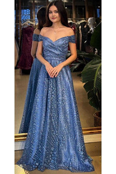 Abiyeniall İndigo Madonna Yaka Sırt Dekolteli Kloş Etekli Simli Uzun Abiye El...