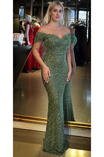 Abiyeniall Olive Madonna Yaka Düz Kesim Pullu Boncuklu Uzun Abiye Elbise 11023