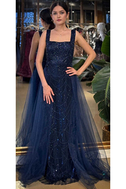 Abiyeniall Lacivert Kare Yaka Kalın Askı Çıkarılabilir Kuyruk Pullu Boncuklu ...