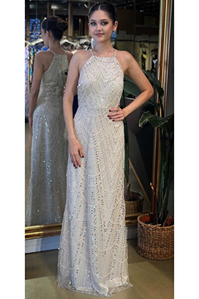 Abiyeniall Bej Halter Yaka İp Askılı Düz Kesim Pullu Boncuklu Uzun Abiye Elbi...