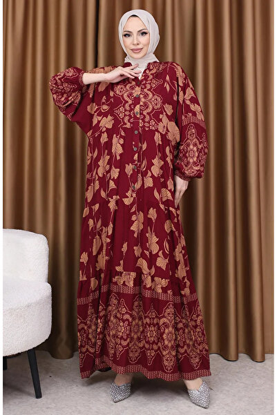 sefamerve فستان منقوش بالزهور بأكمام بالونية 5574-03 أحمر كلاريت