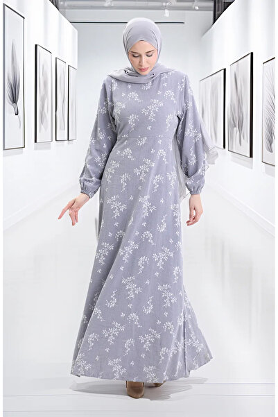 sefamerve Patterned Dress with Elastic Sleeves 2047-03 Light Gray