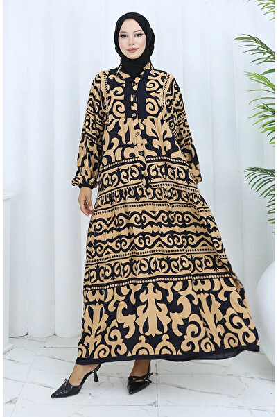 sefamerve Φόρεμα Alaçatı με μισό κουμπί 2137-02 Καφέ γαλακτώδες Μαύρο