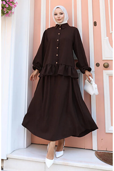 sefamerve Dvoudílná souprava tunika s volánovou sukní 0146-03 Hnědá