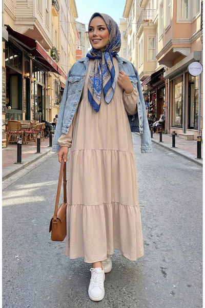 sefamerve Yaka Bağcıklı Kat Kat Elbise 4107-08 Vizon