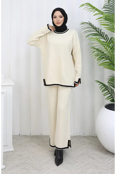 sefamerve Beige knitwear slit detailed sweater pants double set 0011-07