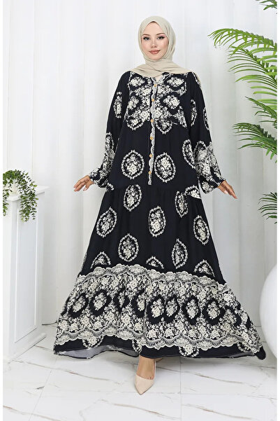 sefamerve Rochie din țesătură viscoză cu jumătate de nasturi 0109-01 Negru