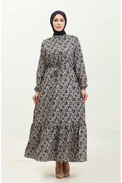 sefamerve Φόρεμα κρεπ με λουλουδάτο μοτίβο Navy Blue Adile - 0347-05