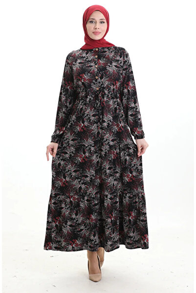 sefamerve Φόρεμα με σχέδιο και κουμπιά γιακά παππού 0193-02 Μαύρο πετρόλ