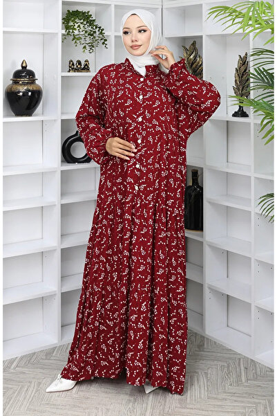 sefamerve Viskon Kumaş Desenli Elbise 2048-04 Bordo