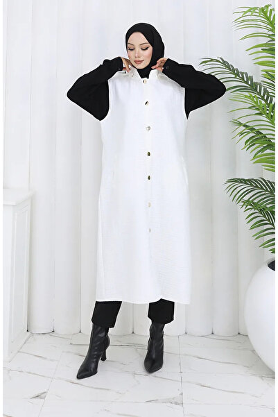 sefamerve Ватирана тъкан, дълъг жилет с копчета 0186-05 Екру