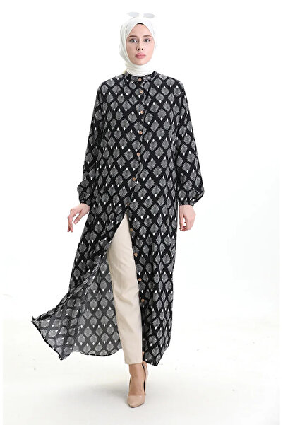 sefamerve Rochie cu imprimeu și nasturi 0124-03 Negru